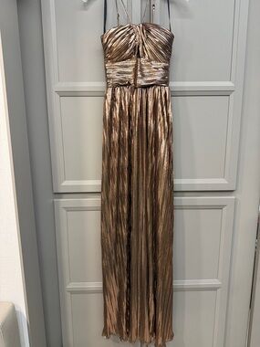 Shimmery Bronze Pleated Spaghetti-Strap Maxi Dress